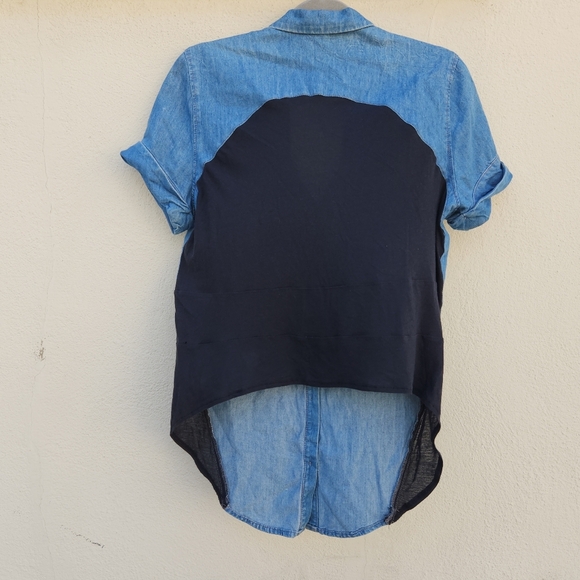 Helmut Lang Denim Chambray Contrast High Low Button Up Blouse - Picture 3 of 9